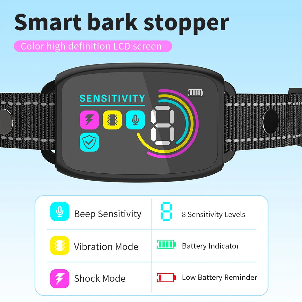 Smart Automatic Anti-Bark Dog Collar | Rechargeable Bark Stopper with HD Display | IP67 Waterproof Training Collar for Dogs